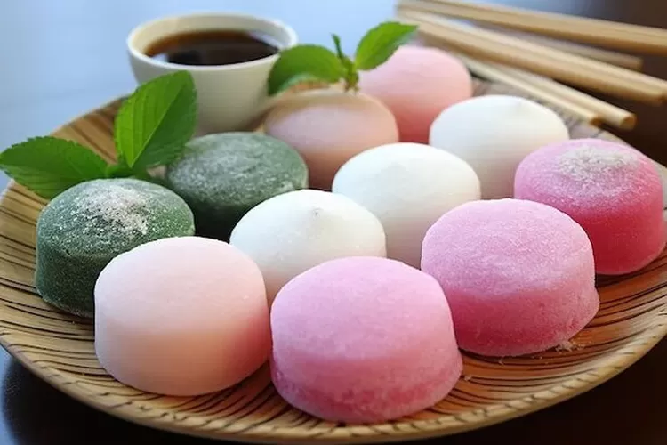 Gambar bola mochi ice cream dengan lapisan kenyal dan es krim di tengahnya.